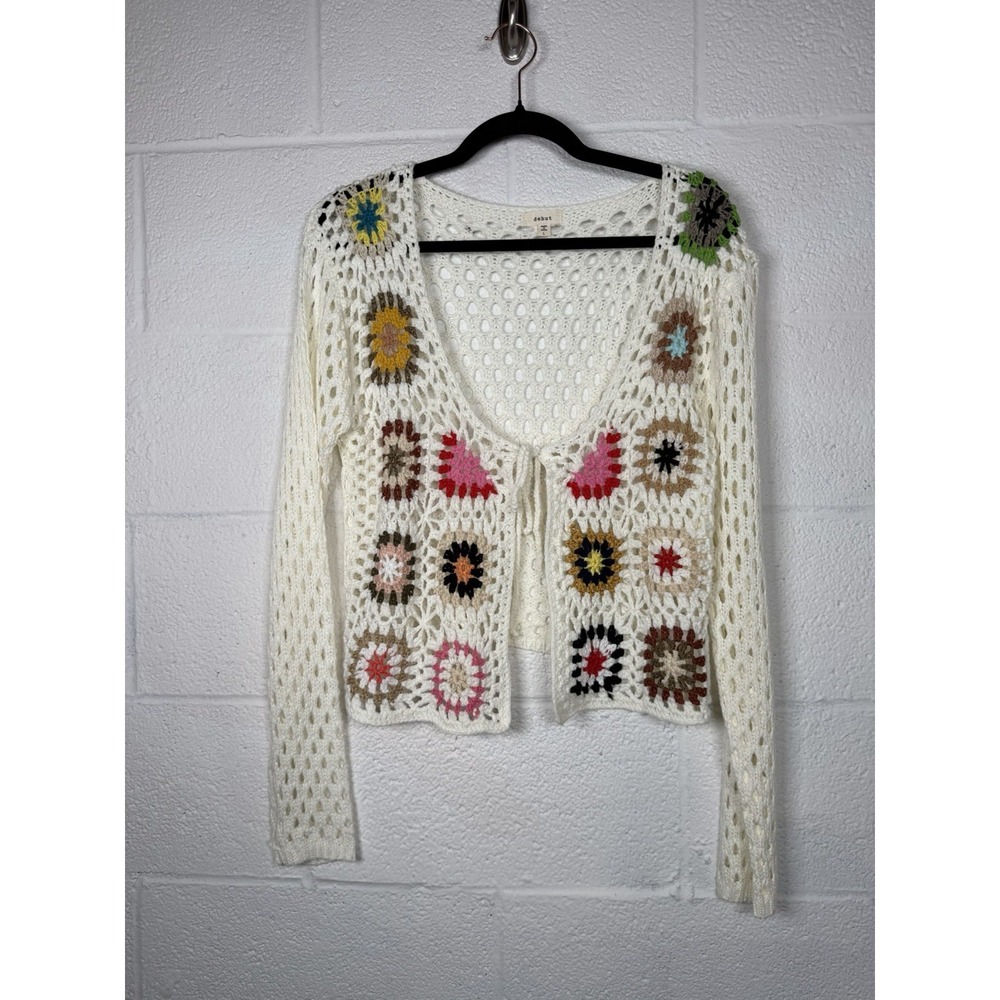 Debut Crochet Cardigan L Granny Square Boho Cottagecore Open Knit Tie